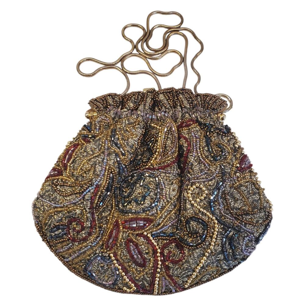 Vintage Andre Cellini Beaded Clam Shell Evening Handbag Long Gold Chain Designer